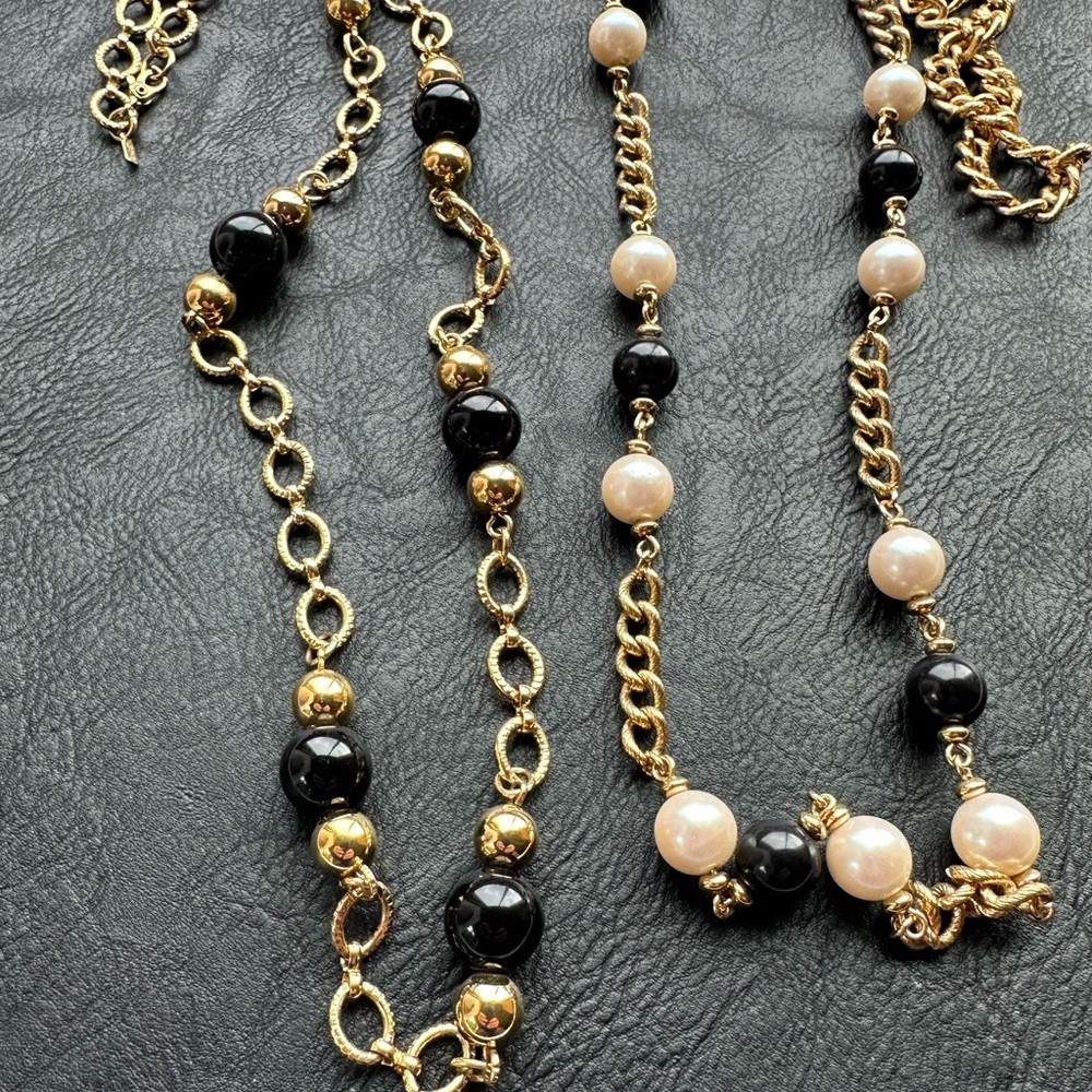 2 VTG Monet Beaded Necklaces Set of Layering Chains Black Gold White Beads